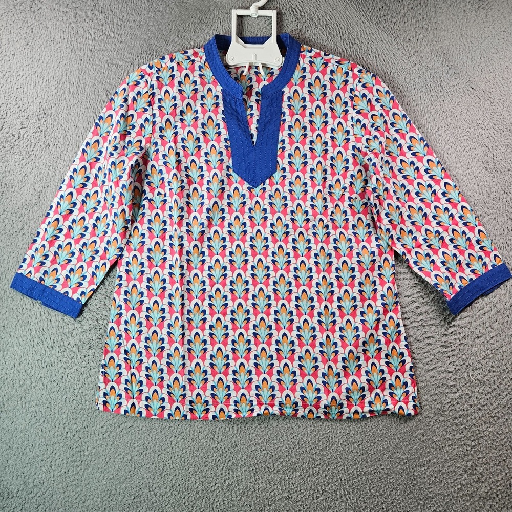 Talbots Tunic Top Women Small Petite Sp Geometric Print 3/4 Sleeve Multicolor